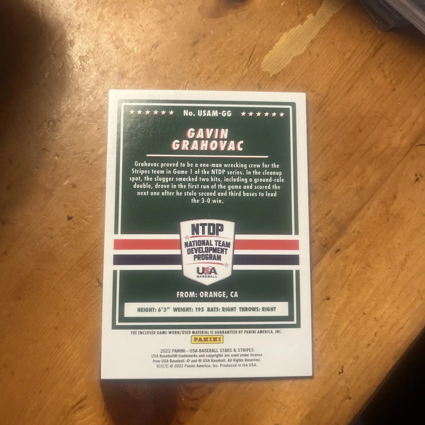 Gavin Grahovac baseball card from USA Baseball Stars Stripes Development Team Jersey