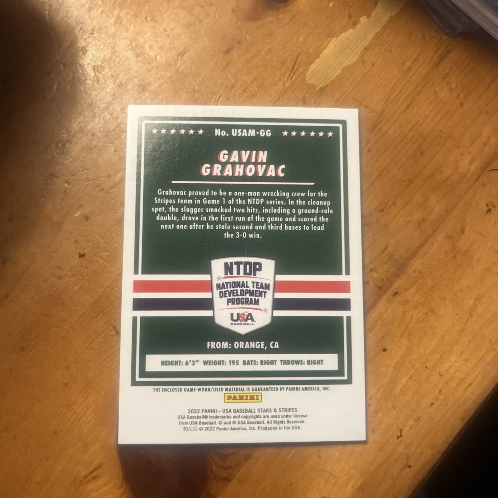 Gavin Grahovac baseball card from USA Baseball Stars Stripes Development Team Jersey