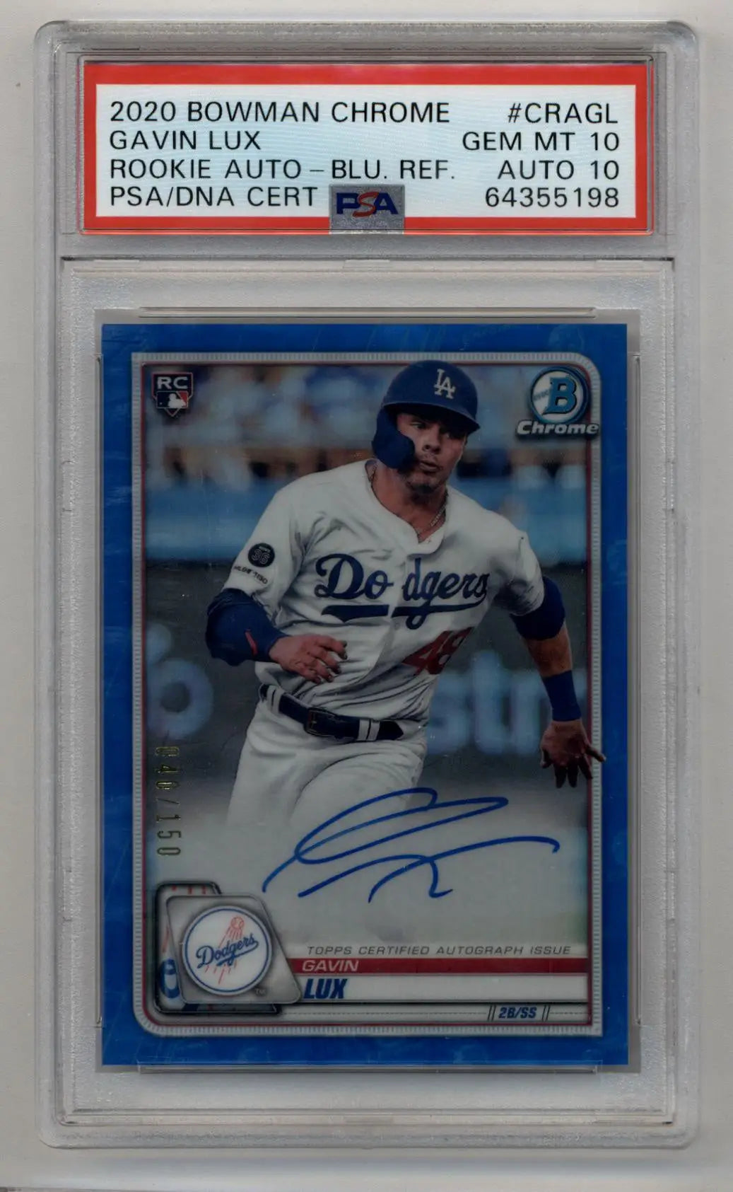 Gavin Lux rookie autograph baseball card featuring Bowman Chrome Blue Refractor design