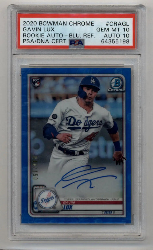 Gavin Lux rookie autograph baseball card featuring Bowman Chrome Blue Refractor design