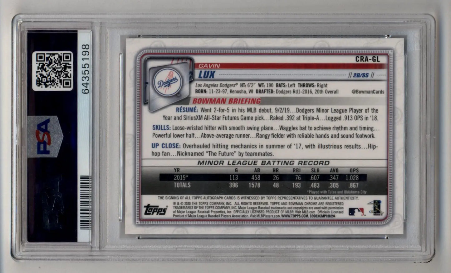 Graded Gavin Lux Bowman Chrome Blue Refractor Rookie Auto trading card PSA 10