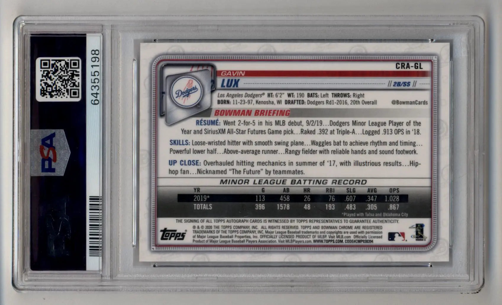 Graded Gavin Lux Bowman Chrome Blue Refractor Rookie Auto trading card PSA 10