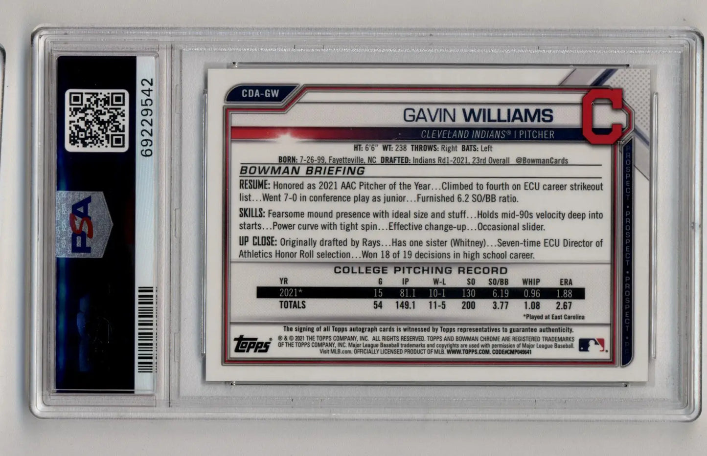 Baseball trading card Gavin Williams Bowman Chrome Draft Auto Gold Wave Refractor PSA 10