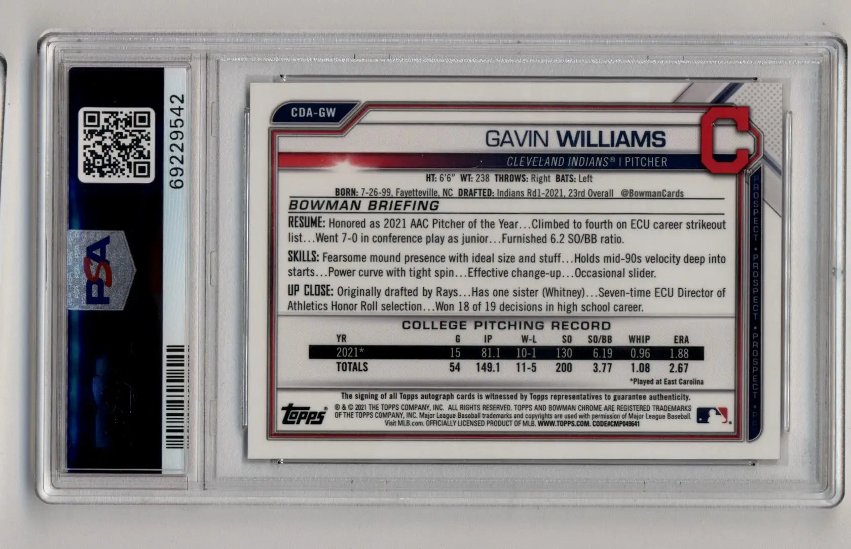 Baseball trading card Gavin Williams Bowman Chrome Draft Auto Gold Wave Refractor PSA 10
