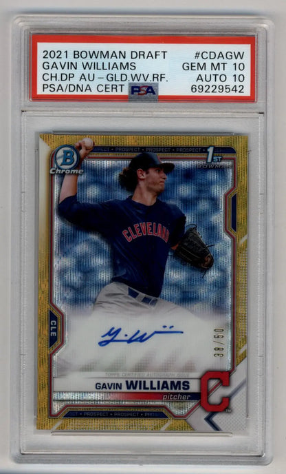 PSA-graded Gavin Williams 2021 Bowman Chrome Draft auto gold wave refractor card