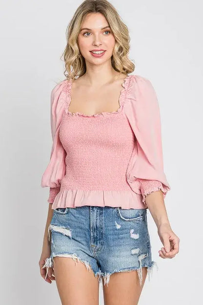 GeeGee Full Size Ruffled Smocked Frill Square Neck Top Plus Size - Blush Pink / S