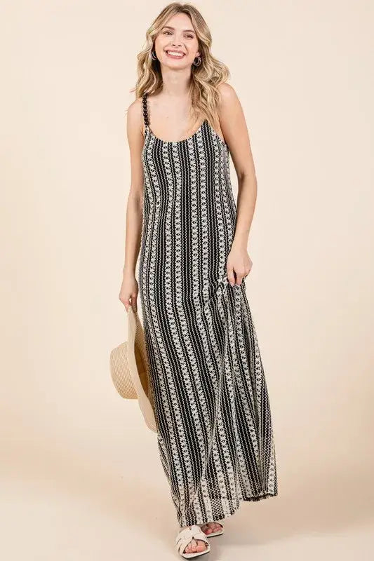 GeeGee Plus Size Striped Scoop Neck Beaded Strap Maxi Cami Dress