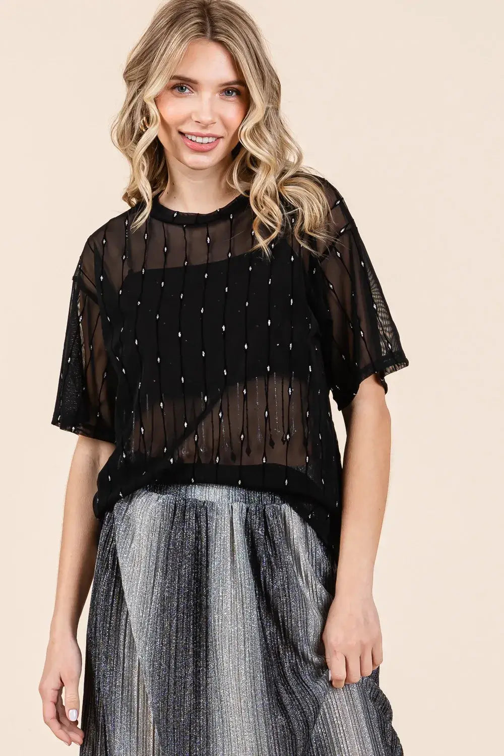 GeeGee Round Neck Drop Shoulder Mesh Glitter Top - Black / S
