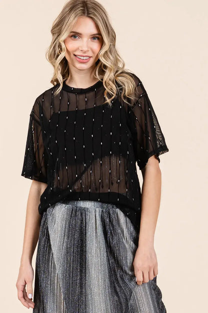 GeeGee Round Neck Drop Shoulder Mesh Glitter Top - Black / S