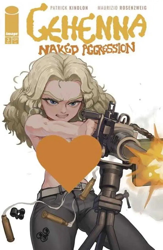 Comic book cover featuring a blonde woman firing a large machine gun in Gehenna Naked Aggression #3