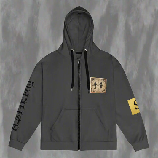 Dark grey Gemini Duality charcoal unisex zip hoodie with black drawstrings and gold emblem