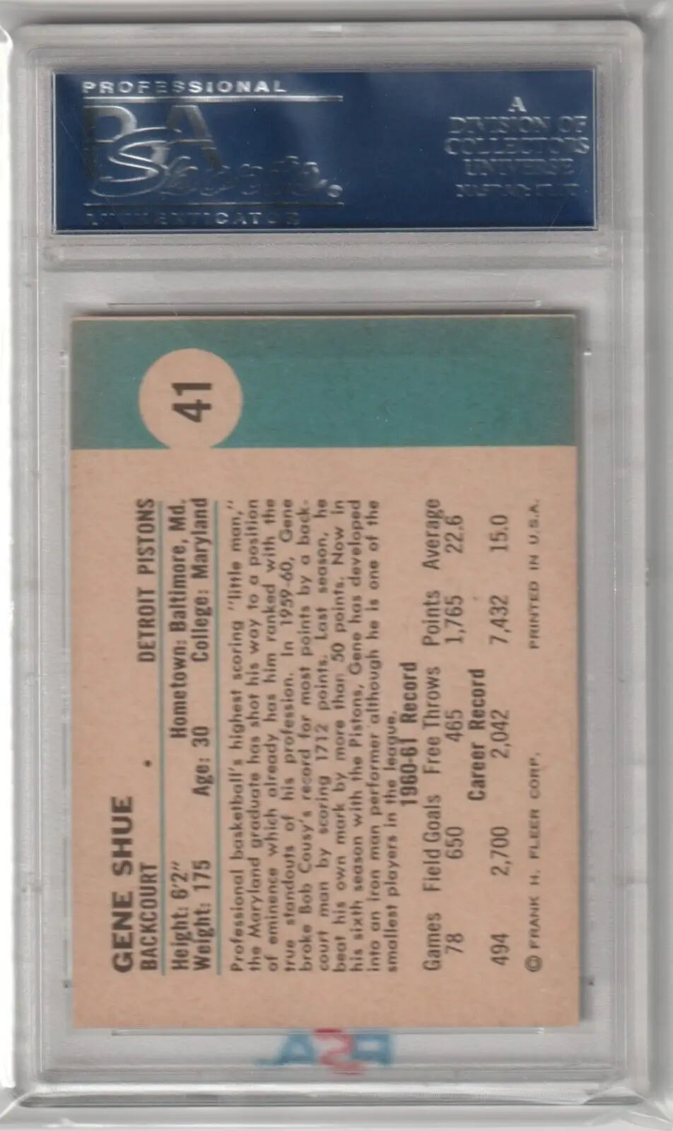Gene Shue 1961-62 Fleer basketball card from Columbia Hobby ebay store with single cards