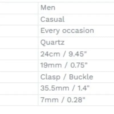 Product specifications for Geneva Men’s Quartz Watch with black face and strap for business