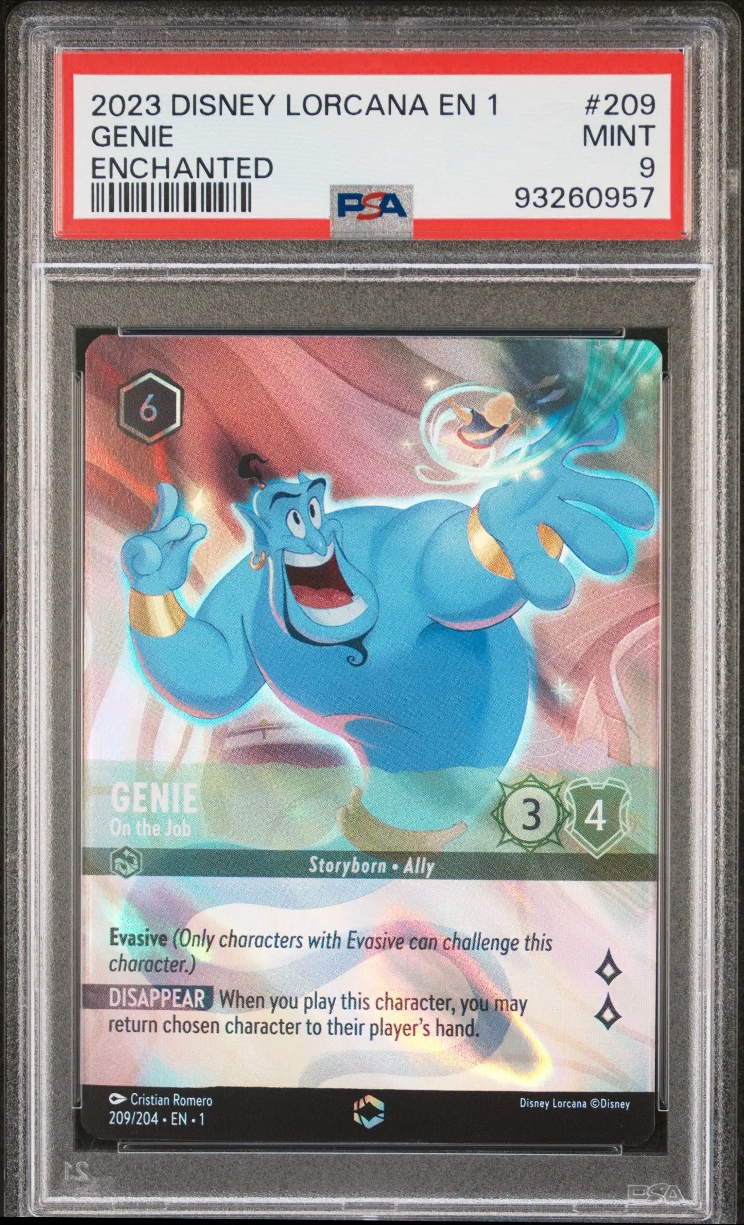 Graded Disney Lorcana Enchanted Genie trading card in PSA 9 Mint condition