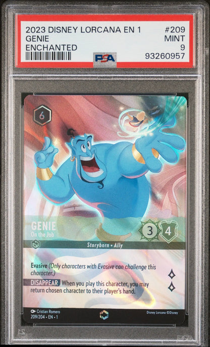 Graded Disney Lorcana Enchanted Genie trading card in PSA 9 Mint condition