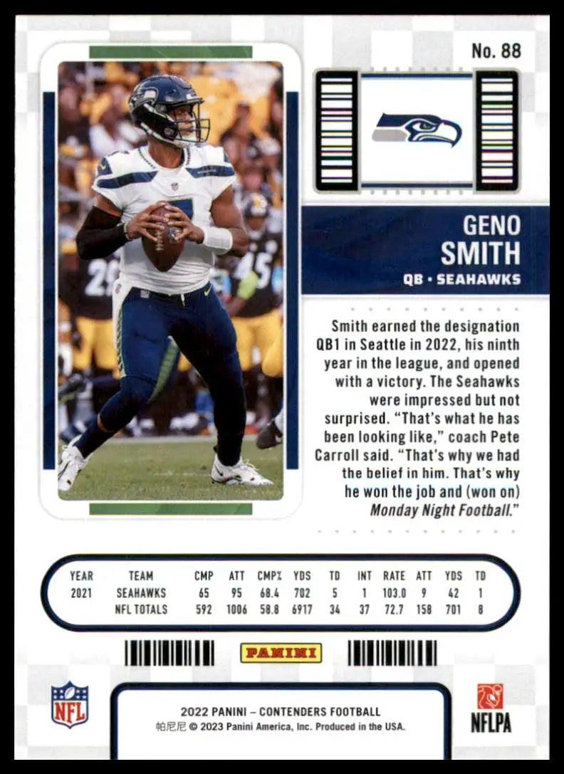 Geno Smith football card from Panini Contenders 2022 Seattle Seahawks collection