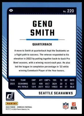 Geno Smith football card from 2024 Donruss series featuring Seattle Seahawks player