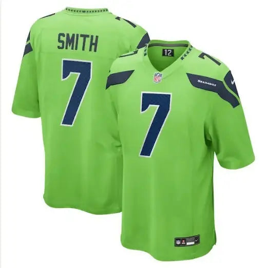 Bright green Seattle Seahawks Geno Smith Nike Game Jersey with number 7 and SMITH on back