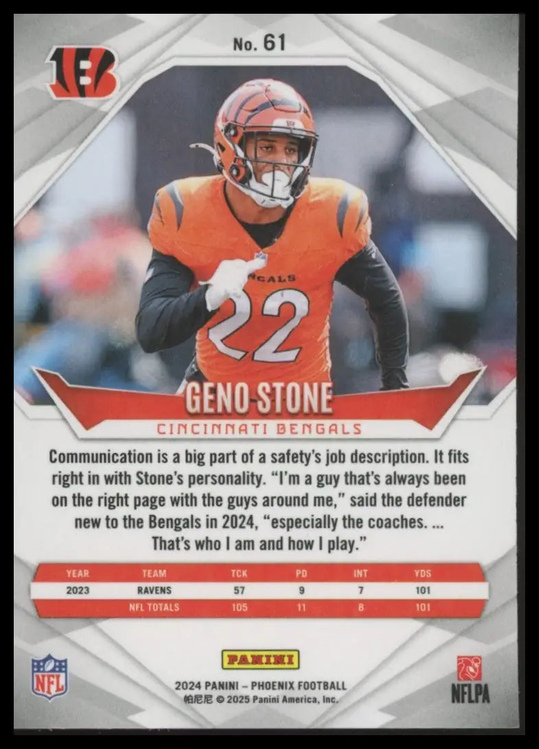 Football trading card of Geno Stone from Panini Phoenix 2024 Cincinnati Bengals