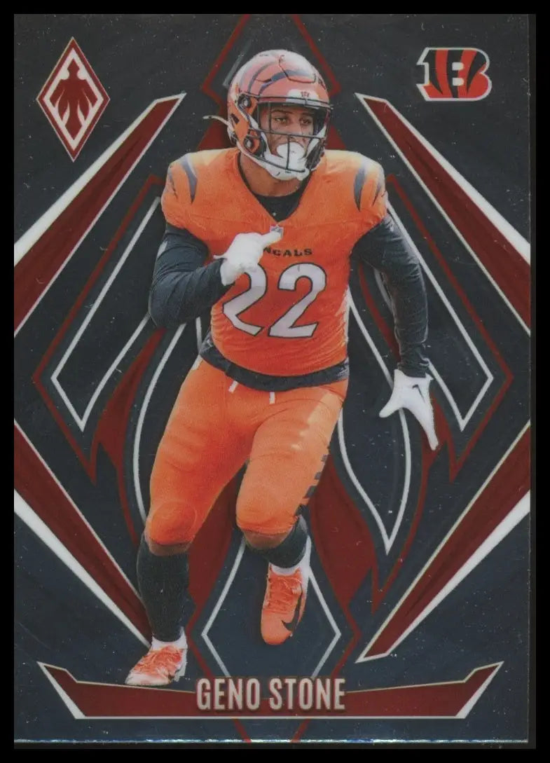 Football trading card featuring Geno Stone in orange uniform from Panini Phoenix 2024