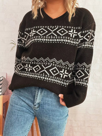 Geometric Dropped Shoulder Long Sleeve Sweater