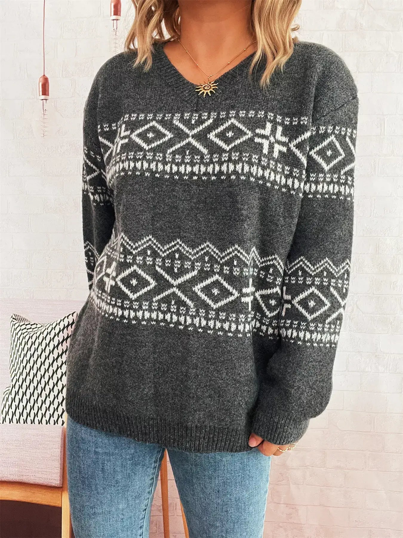 Geometric Dropped Shoulder Long Sleeve Sweater