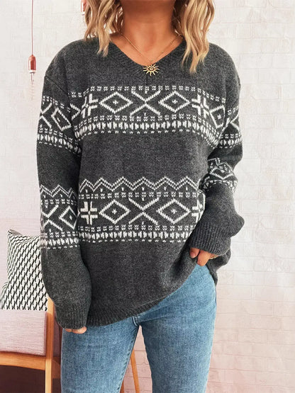 Geometric Dropped Shoulder Long Sleeve Sweater