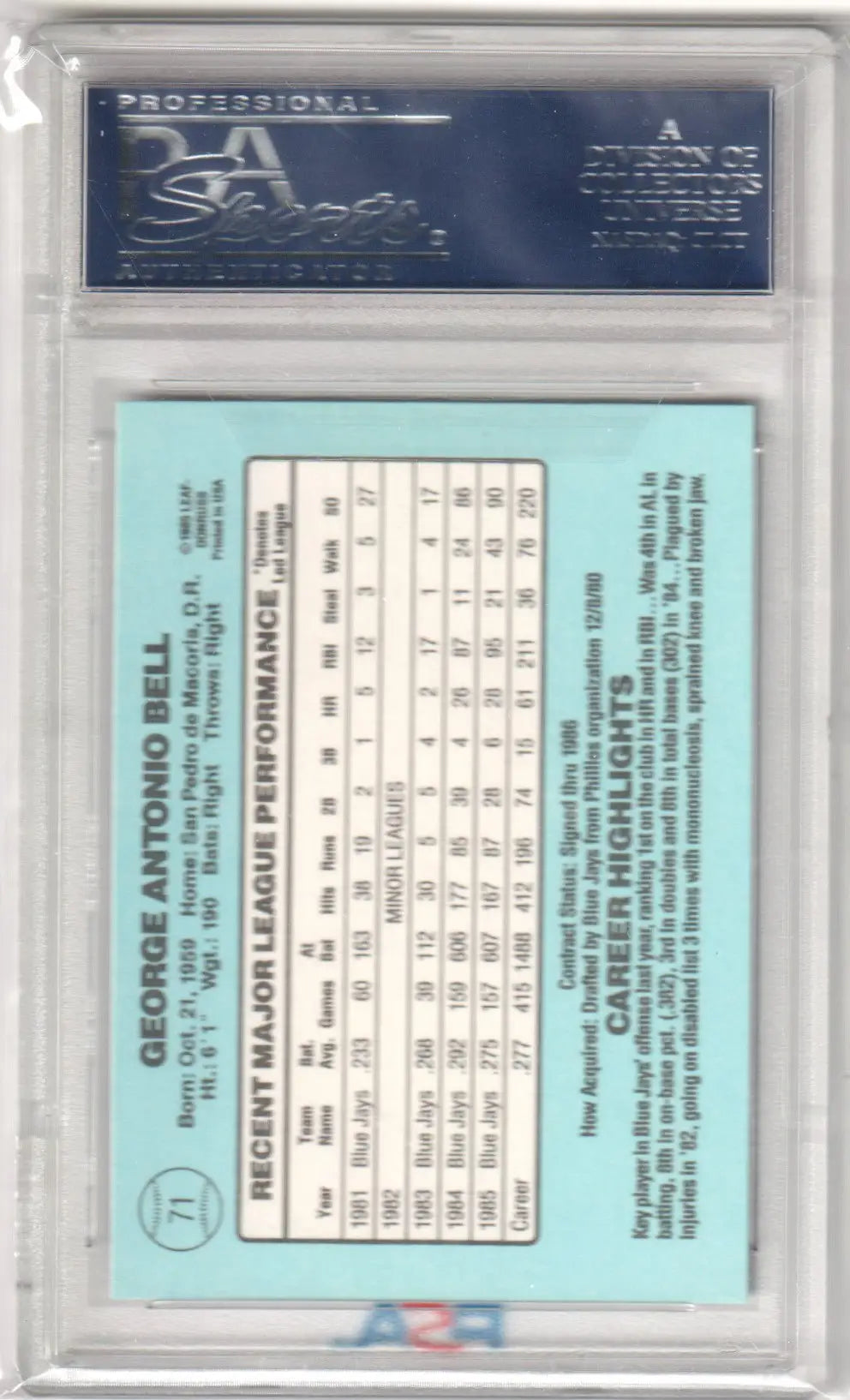 George Bell 1986 Donruss baseball card Blue Jays PSA 10 GEM MINT from Columbia Hobby