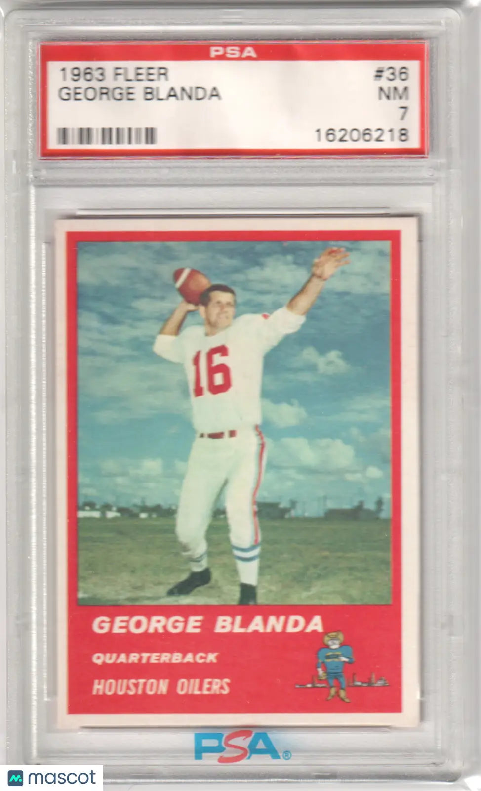 Encased 1963 Fleer George Blanda football card graded NM 7 from Columbia Hobby