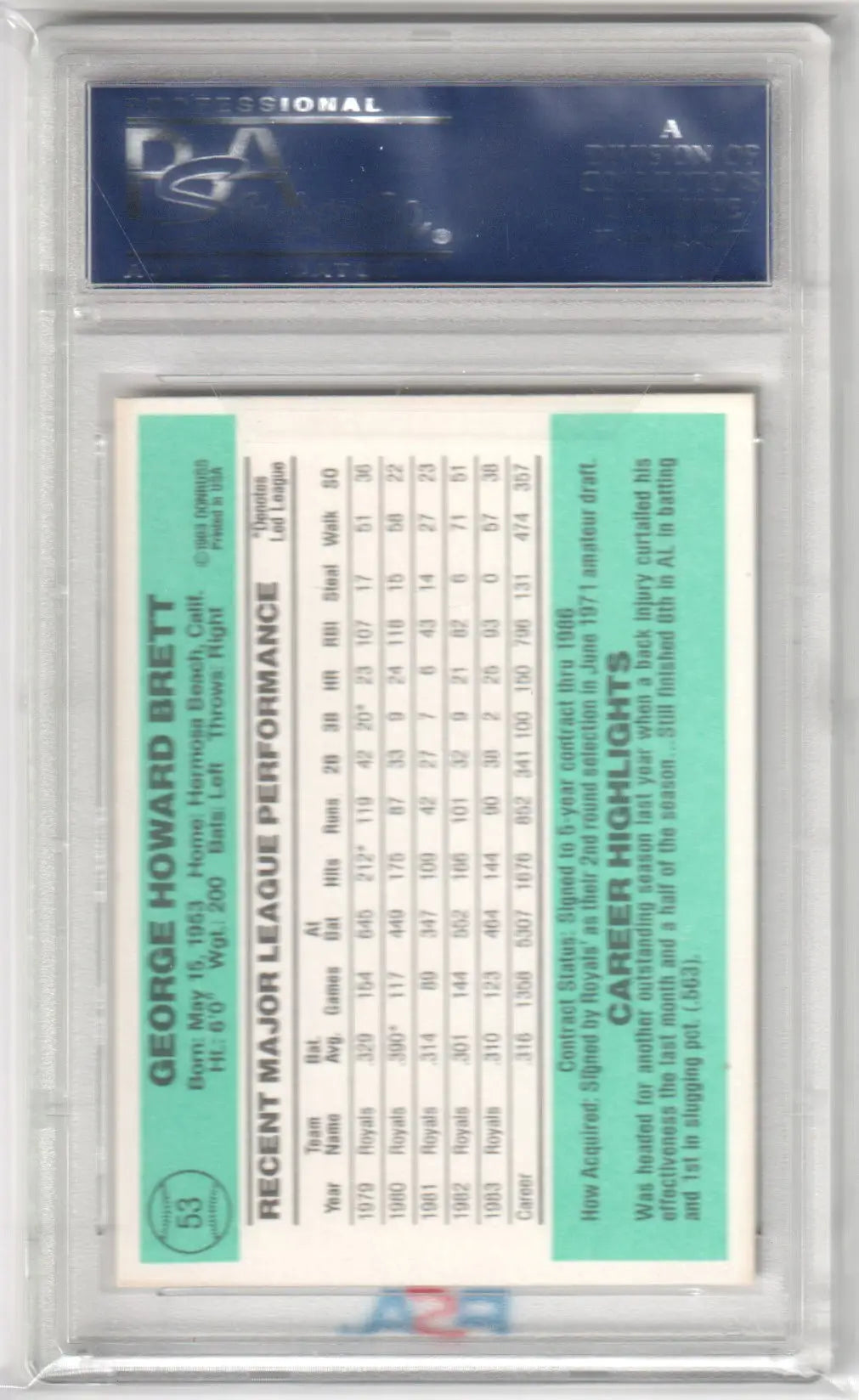 George Brett 1984 Donruss baseball card PSA 9 Columbia Hobby collector item