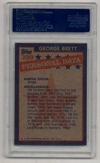 George Brett 1984 Topps #399 Gem Mint trading card in protective case with stats
