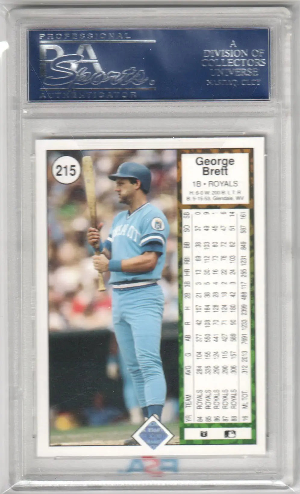 Graded George Brett baseball card from Upper Deck 1989 #215, PSA 10 GEM MINT, Columbia Hobby