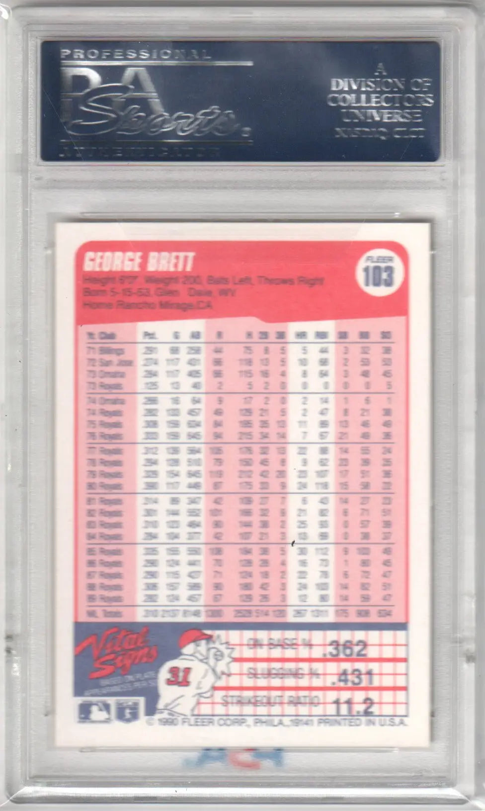 Graded George Brett baseball card 1990 Fleer #103 PSA 10 GEM MINT featuring Columbia Hobby