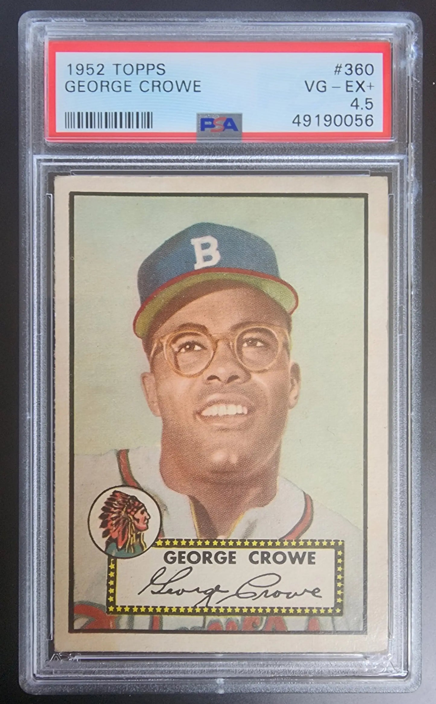 PSA-graded 1952 Topps Baseball Card of George Crowe with glasses and B cap