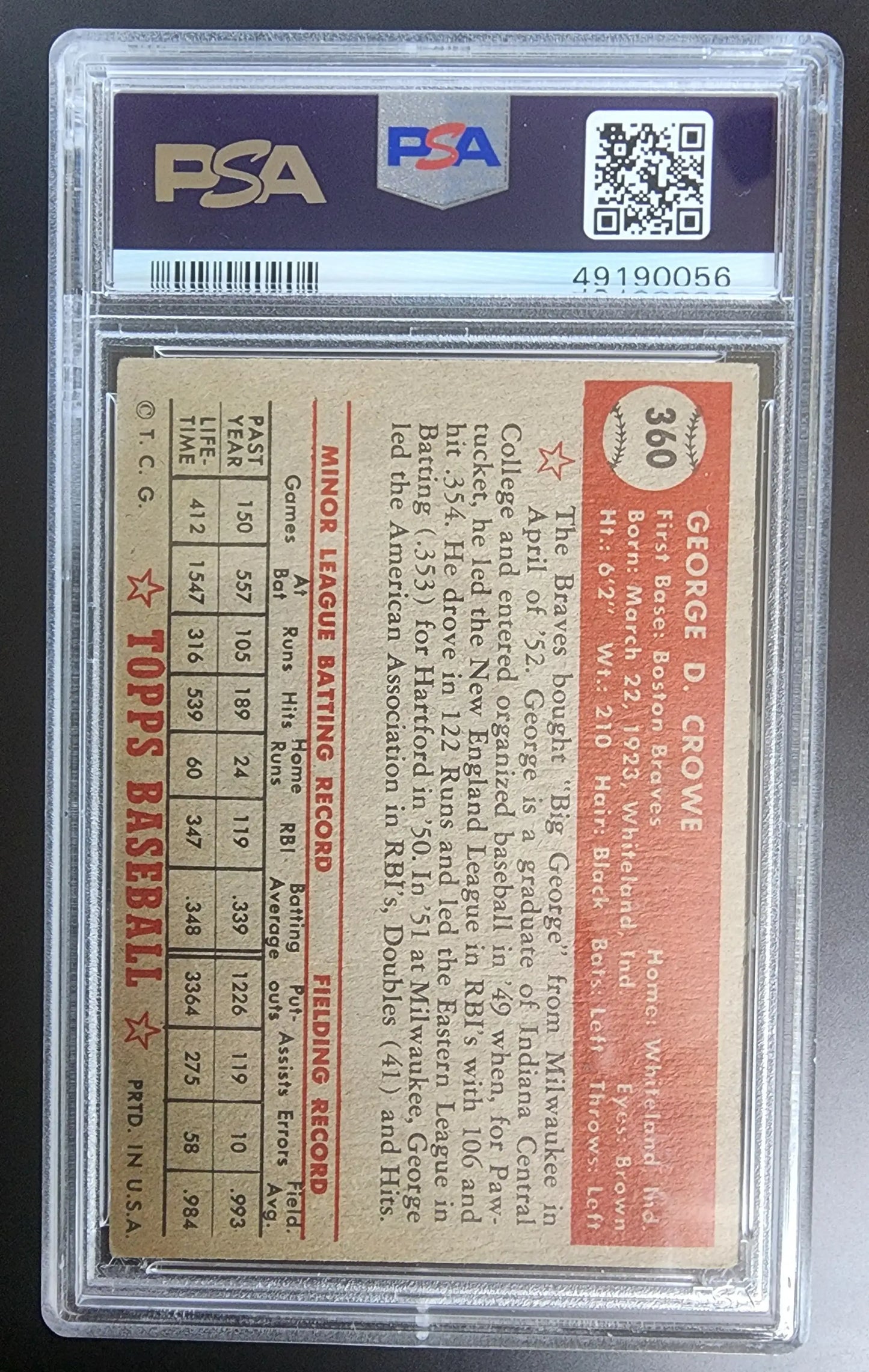 PSA-graded George Crowe 1952 Topps #360 baseball card reverse view in holder