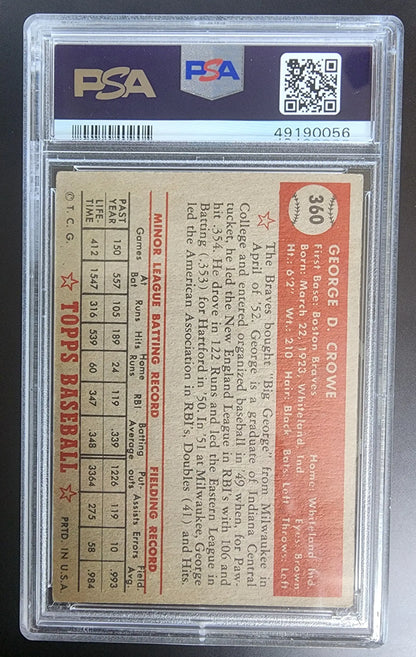 PSA-graded George Crowe 1952 Topps #360 baseball card reverse view in holder