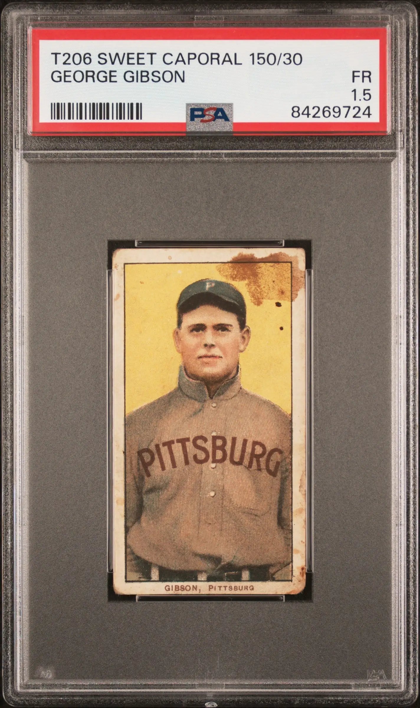 PSA-graded T206 Sweet Caporal card of George Gibson in vintage Pittsburgh uniform