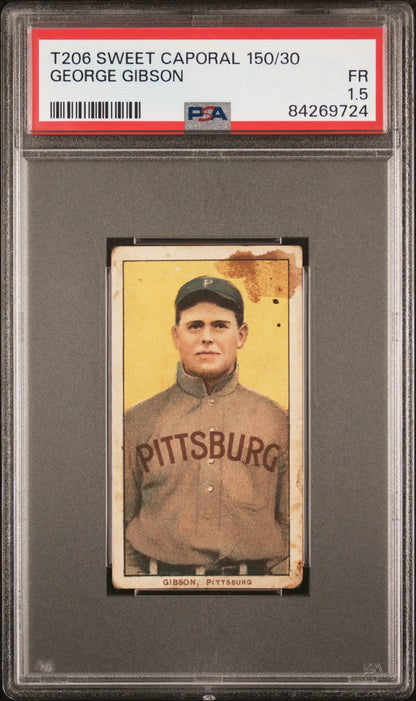 PSA-graded T206 Sweet Caporal card of George Gibson in vintage Pittsburgh uniform