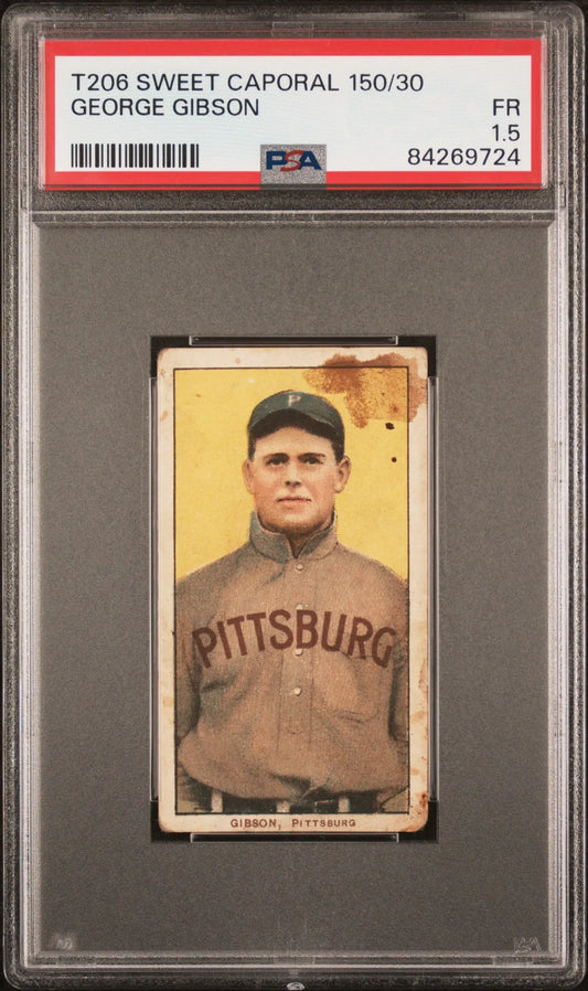 PSA-graded T206 Sweet Caporal card of George Gibson in vintage Pittsburgh uniform