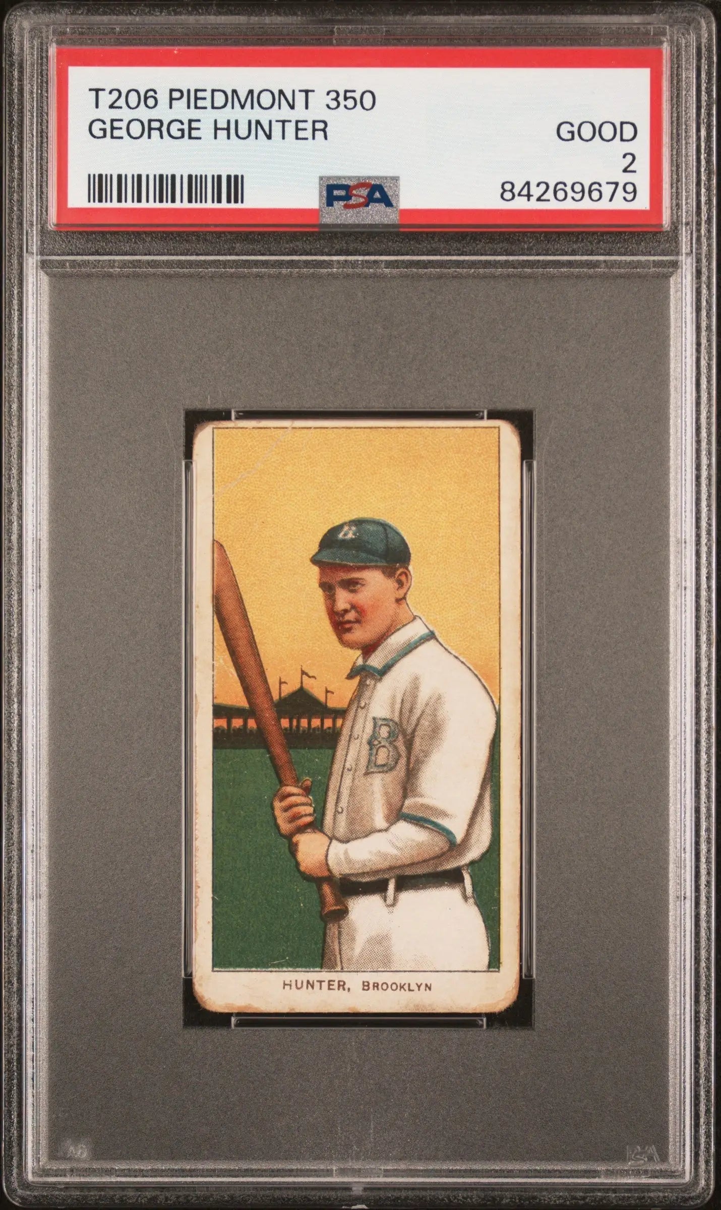 George Hunter T206 Piedmont 350 baseball card with player in white uniform holding bat