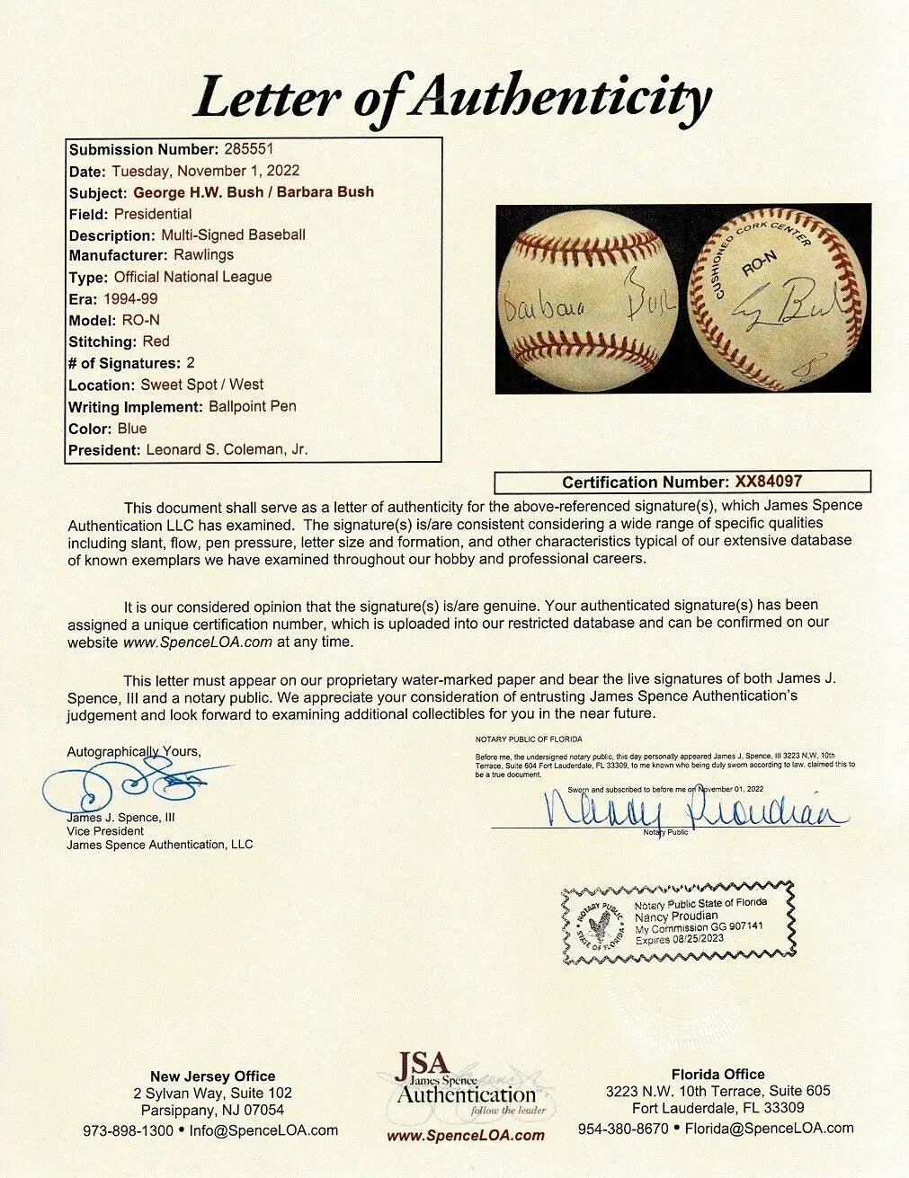 Letter of authenticity for George HW Bush signed baseball with Barbara Bush signature