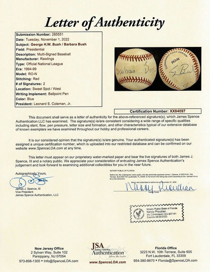 Letter of authenticity for George HW Bush signed baseball with Barbara Bush signature