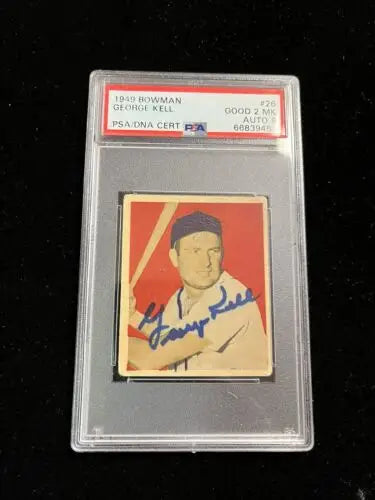Encased 1949 Bowman Signed George Kell Baseball Card PSA/DNA 2 Auto 9 Tigers