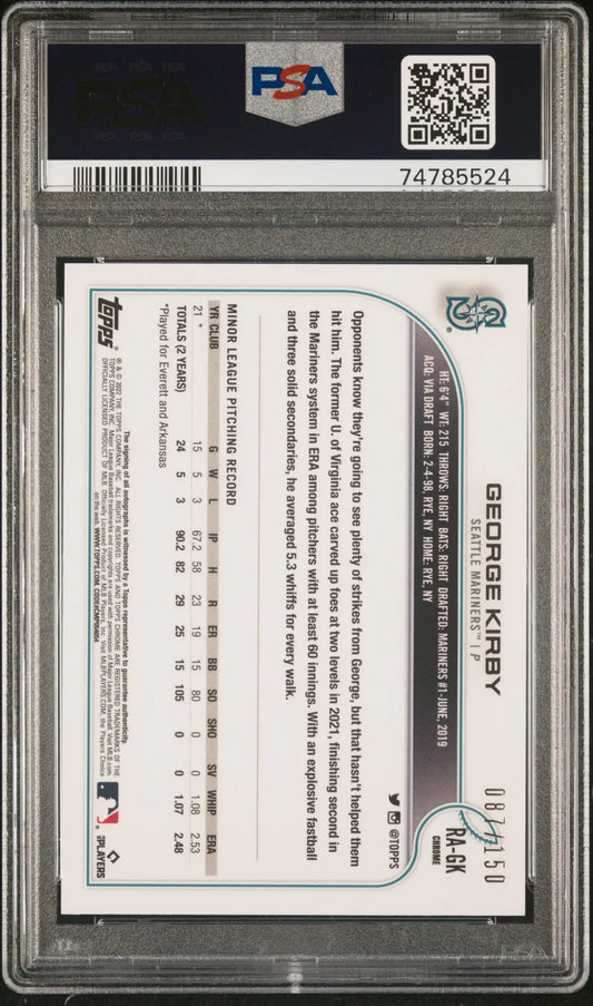PSA-graded George Kirby rookie baseball card featuring Topps Chrome Blue Refractor Auto