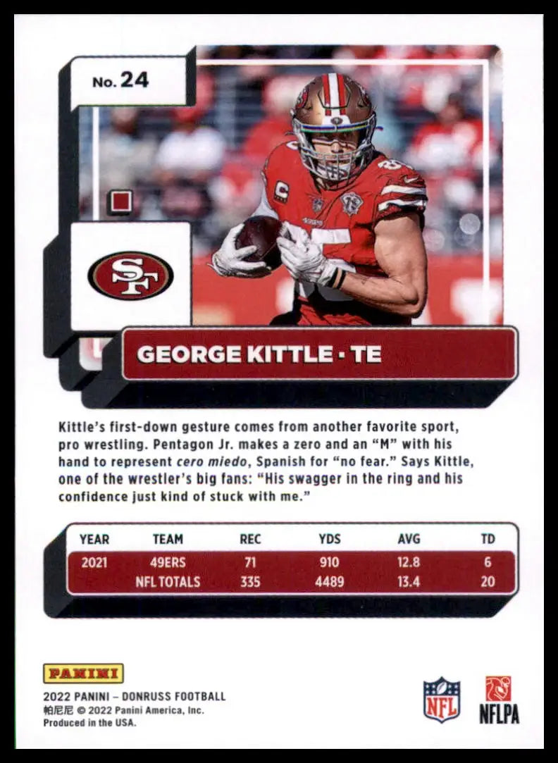 George Kittle football card from 2022 Donruss San Francisco 49ers collection