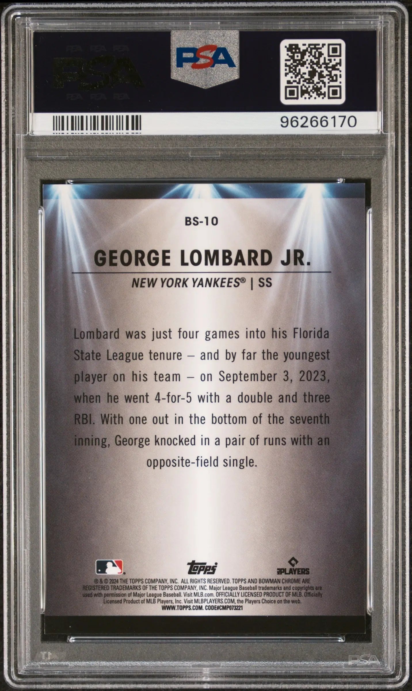 Graded George Lombard Jr. 2024 Bowman Spotlights Orange Refractor card PSA 9 Mint