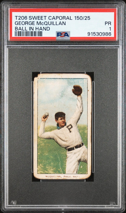 PSA-graded T206 Sweet Caporal card of George McQuillan making a catch in white uniform