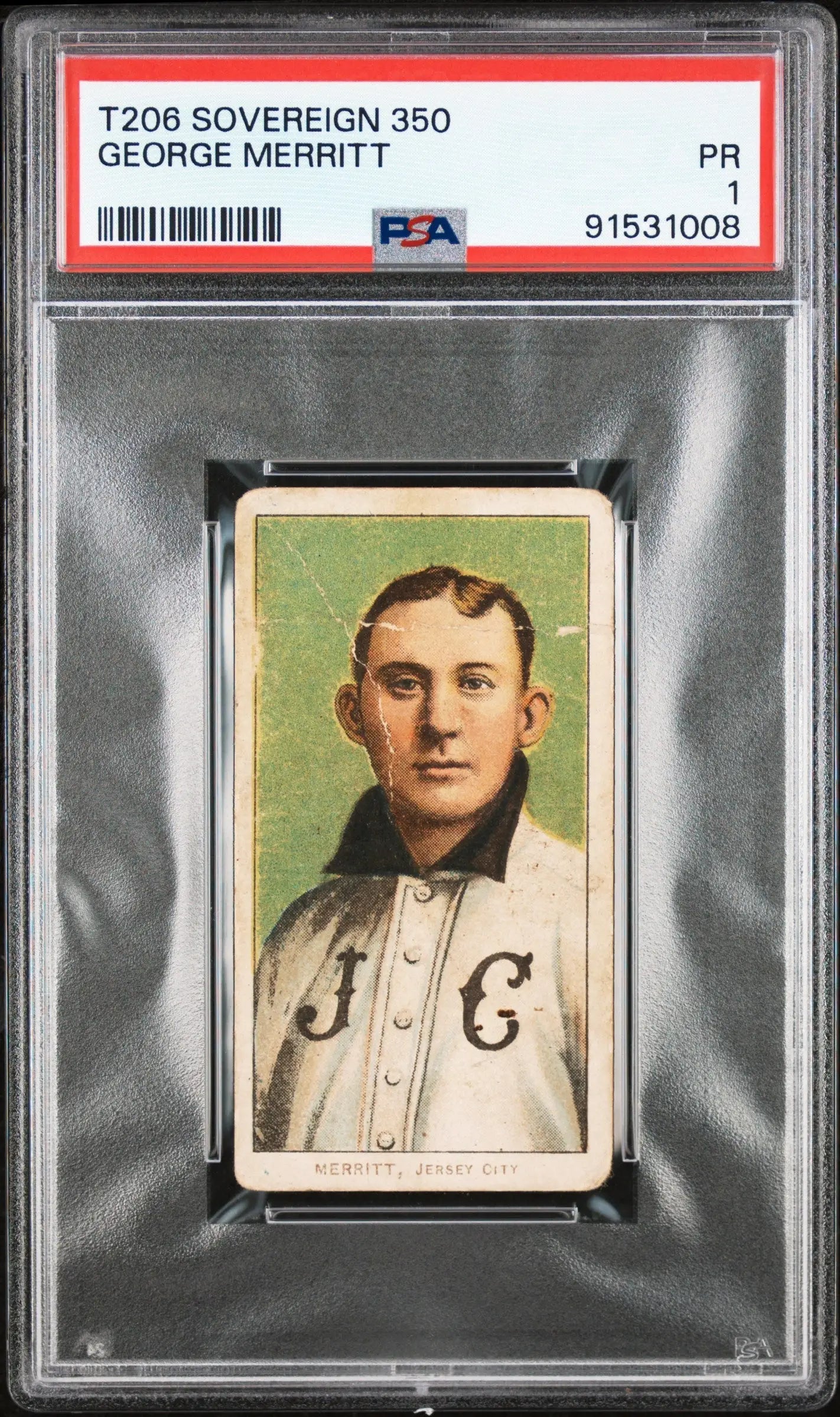 PSA-graded George Merritt 1909-11 T206 Soverign 350 baseball card in white jersey