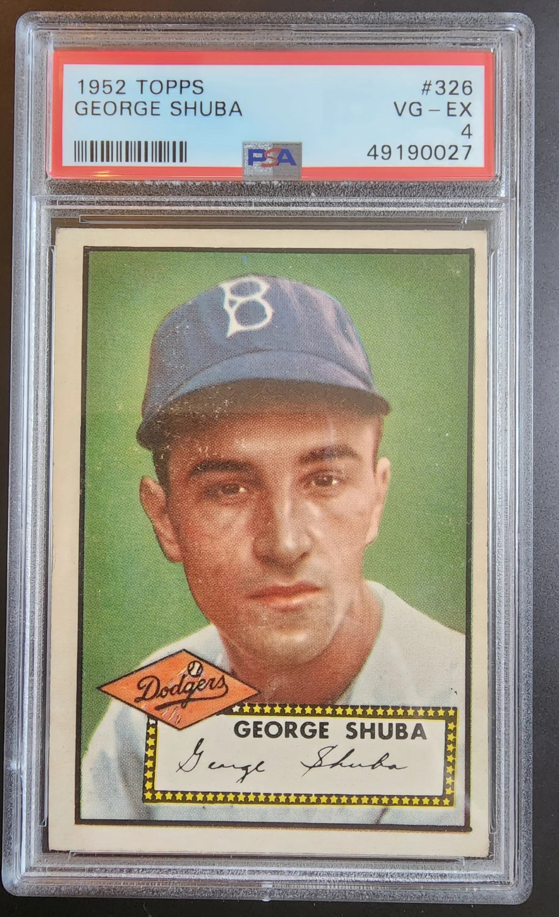 PSA-graded 1952 Topps George Shuba baseball card in protective case for trading cards