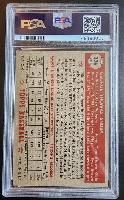 George Shuba 1952 Topps #326 PSA 4 vintage baseball card back with player stats